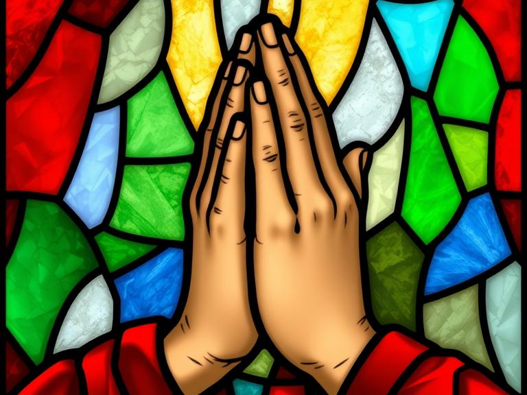 Praying hands on stained glass